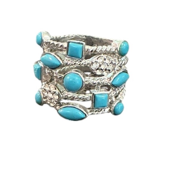 Vintage  Sterling Wide Band CZ and faux Turquoise Ring - Picture 1 of 6